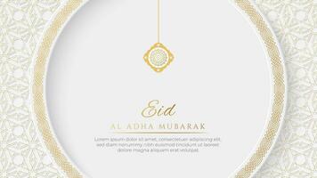 eid mubarak arabicum elegant vit och gyllene lyx islamic dekorativ cirkel form bakgrund med islamic mönster gräns och dekorativ hängande prydnad vektor