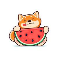 Karikatur glücklich Shiba inu Hund Essen Wassermelone vektor