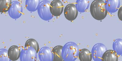 lila och silver- ballonger med band och konfetti på ljus lila bakgrund. vektor illustration