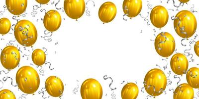 Gold Luftballons und Silber Konfetti auf Weiß Hintergrund. Rahmen Luxus Vektor festlich Illustration