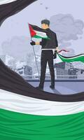 affisch design av man innehav palestinsk flagga. vektor illustration