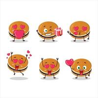 Dorayaki Karikatur Charakter mit Liebe süß Emoticon vektor