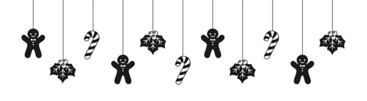 fröhlich Weihnachten Rand Banner Silhouette, hängend Lebkuchen Kekse Girlande. Winter Urlaub Jahreszeit Header Dekoration. Netz Banner Vorlage. Vektor Illustration.