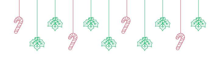 fröhlich Weihnachten Rand Banner Gliederung Gekritzel, hängend Mistel und Süßigkeiten Stock Girlande. Winter Urlaub Jahreszeit Header Dekoration. Netz Banner Vorlage. Vektor Illustration.