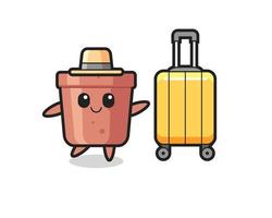 Blumentopf-Cartoon-Illustration mit Gepäck im Urlaub vektor