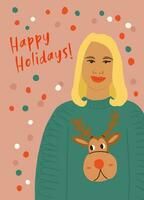 süß Weihnachten Postkarte mit schön blond Mädchen tragen hässlich Weihnachten Sweatshirt mit Rentier und Konfetti und glücklich Ferien unterzeichnen. Weihnachten Postkarte mit Frau vektor