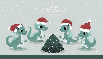 Neu Jahr und Weihnachten Banner. Drachen im Santa claus Hüte um das Neu Jahr Baum mit Geschenke. Vektor Illustration.