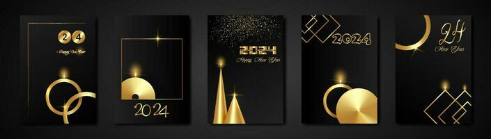 einstellen Karten 2024 glücklich Neu Jahr Gold Textur, golden Luxus schwarz modern Hintergrund, Elemente zum Kalender und Schöne Grüße Karte oder Weihnachten thematisch Winter Urlaub Einladungen mit geometrisch Dekorationen vektor