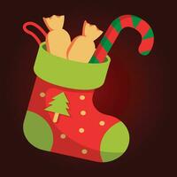 jul strumpa med godis sockerrör och jul träd. vektor illustration.