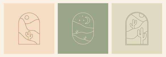 Boho Logo Landschaft mit Wüste. Kaktus, sandig Berge, Mond und Sonne. abstrakt Design Vorlagen. Vektor Bohemien einstellen im modisch Liner Stil