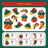 jul jag spionera spel för ungar. sökande och räkning aktivitet för förskola barn med söt jul objekt. rolig vinter- tryckbar kalkylblad för ungar. enkel Semester spotting pussel. vektor
