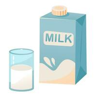 ein Pack von Milch und ein Glas von Milch. organisch hausgemacht Lebensmittel. Karikatur Vektor Illustration
