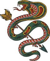 kobra orm genomborrad med ett pil Färg. gammal skola stil tatuering. vektor illustration.