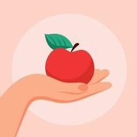 Essen ein rot Apfel Tag. Apfel im Hand Banner vektor