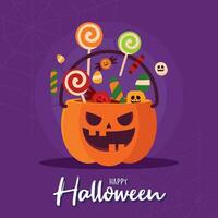 glücklich Halloween Poster Süßigkeiten Kürbis Korb Vektor Illustration