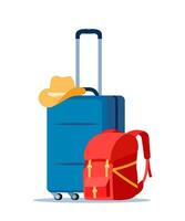 resa påsar sammansättning. resväska och ryggsäck. turist fall, resa och äventyr bagage. resenärer bagage. vektor illustration.
