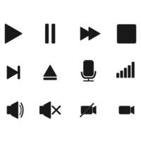 Audio, Video, Musik- Spieler Taste Symbol. Klang Kontrolle, spielen, Pause Taste solide Symbol Satz. Kamera, Medien Kontrolle, Mikrofon Schnittstelle Piktogramm. Vektor Illustration.