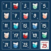 fyrkant första advent kalender med tal och jul bollar på en blå bakgrund. mall för skriva ut och webb design vektor