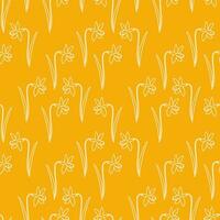 sömlös mönster vit kontur blommor påskliljor på en orange bakgrund, kontinuerlig linje. klotter vektor illustration, bakgrund för förpackning, textil, tapet