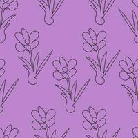 sömlös mönster svart kontur blommor krokusar på en lila bakgrund, kontinuerlig linje. klotter vektor illustration, lila bakgrund för förpackning, textil, tapet