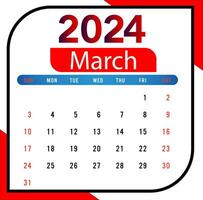 2024 März Monat Kalender mit rot und schwarz vektor