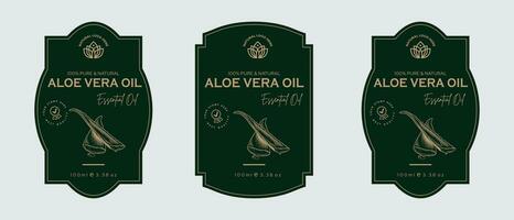Aloe vera Öl Etikette Design kosmetisch Produkte Etikette zum Haut Pflege und Schönheit, Kräuter- Zutaten. Etiketten mit Skizzen, Paket Emblem. Grün Gold Prämie Vektor Illustration.