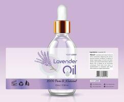 Lavendel wesentlich Öl Etikette Design 3d Illustration Glas Flasche mit golden Tropfer vektor
