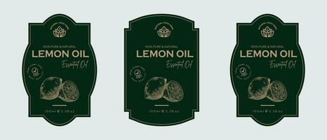 citron- olja märka design kosmetisk Produkter för hud vård och skönhet, ört- Ingredienser. etiketter med skisser, paket emblem. grön guld premie vektor illustration