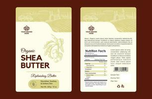 Shea Butter Etikette Design, Hand gezeichnet Design zum Shea Butter organisch Produkte Vorderseite zurück Etikette Verpackung Haut Pflege Produkte. gesund und natürlich Haut Shea Etiketten. vektor