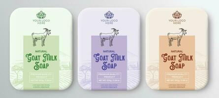 Ziege Milch Seife Etikette Design Hand gezeichnet Ziege Milch Etiketten und Muster zum handgemacht Seife Riegel, natürlich Seife Box Mono Karton Vektor Illustration