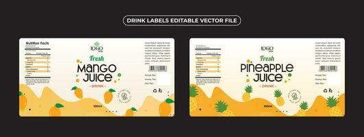 Mango Saft Etikette Design, Ananas Saft Etikette Design, trinken Etikette Verpackung Sanft trinken Etiketten, gesund trinken Etikette Design editierbar Vektor Datei Prämie Qualität