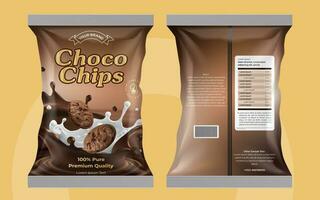 Schoko Chips Beutel Design, Schokolade Kekse Etikette Design Illustration Vektor Kunst, Keks Verpackung Design, Schoko Schokolade Essen Paket Vorderseite zurück editierbar Vektor Hochvektor Kunstqualität Datei