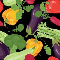 Gemüse nahtlos Muster. Vektor Produkte im eben Stil. Aubergine, Zucchini, Brokkoli, Glocke Pfeffer, Rettich und Sellerie auf ein schwarz Hintergrund. Design zum Hintergrund, Stoff, Verpackung.