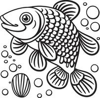 svart och vit illustration för färg djur, färg bok och söt fisk. vektor