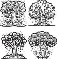 4 träd tecknad serie färg sida illustration vektor. för barn färg bok. vektor