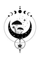 himmlisch mystisch Boho Pilze, Magie Amanita Muscaria mit Mond und Sterne, Hexerei Symbol, witchy esoterisch Logo Tätowierung, Mond Phase, Blumen- Elemente Pilze, Pilz. esoterisch Wicca Clip Art vektor