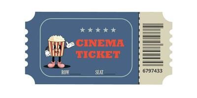 retro Kino Fahrkarte. groovig Kino Fahrkarte mit süß Popcorn Charakter. Vektor Illustration