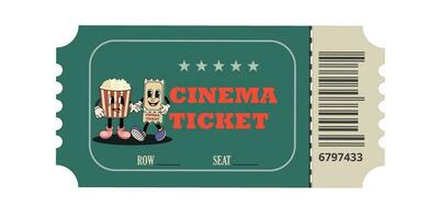retro Kino Fahrkarte. groovig Kino Fahrkarte mit süß Popcorn und Fahrkarte Charakter. Vektor Illustration