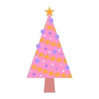 rosa jul träd. söt pastell dekorerad jul träd med grannlåt och krans. vektor