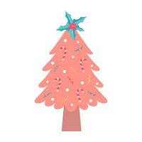 Rosa Weihnachten Baum. süß Pastell- dekoriert Weihnachten Baum mit Stechpalme und Süßigkeiten Stöcke. vektor