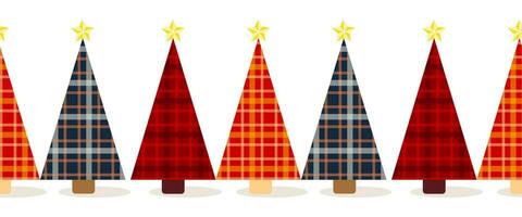 sömlös gräns av jul geometrisk träd i pläd och tartan texturer på isolerat bakgrund. design för jul Hem dekor, Semester hälsningar, jul och ny år firande. vektor