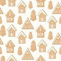 sömlös mönster av pepparkaka jul hus och träd småkakor , på isolerat bakgrund. hand dragen design för vinter, jul och ny år firande, för papper hantverk eller Hem dekor. vektor