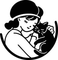 Frau und Katze Logo im Tier Klinik Konzept im eben Linie Kunst Stil vektor