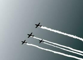konstflygnings plan med rök spår i de himmel. vektor illustration med enkel design. militär, show, flyg, rök spår, himmel, flyguppvisning