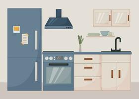 modern kök interiör, platt stil, möbel, maträtter, vitvaror, spis, kylskåp, handfat, vektor illustration