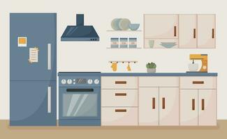 modern kök interiör, platt stil, möbel, maträtter, vitvaror, spis, mixer, kylskåp, vektor illustration