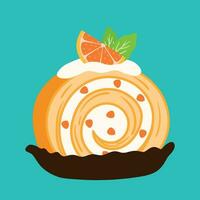 rollen Kuchen Orange Mandarine Süss Dessert Snack Symbol süß eben Karikatur Vektor Illustration