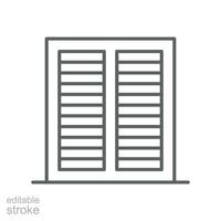 Fenster mit Walze Jalousie Symbol. einfach Gliederung Stil. blind, geschlossen, Konstruktion, Zimmer, Haus, Zuhause Innere Konzept. dünn Linie Symbol. Vektor Illustration isoliert. editierbar Schlaganfall.