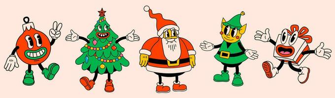 fröhlich Weihnachten und glücklich Neu Jahr Pack von modisch retro Karikatur Figuren. groovig Hippie Weihnachten Aufkleber mit Santa Klaus, Weihnachten Baum, Elf, Geschenk und Ball. Vektor Karikatur Zeichen