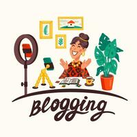 bloggen, Herstellung Inhalt zum ein Blog oder vlog Vektor Illustration. Blogger oder vlogger Karikatur Charakter Herstellung Internet Inhalt Vektor eben Illustration